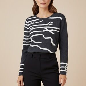 LEO & UGO | Pearl Appliqué Grey Striped Sparkle Sweater